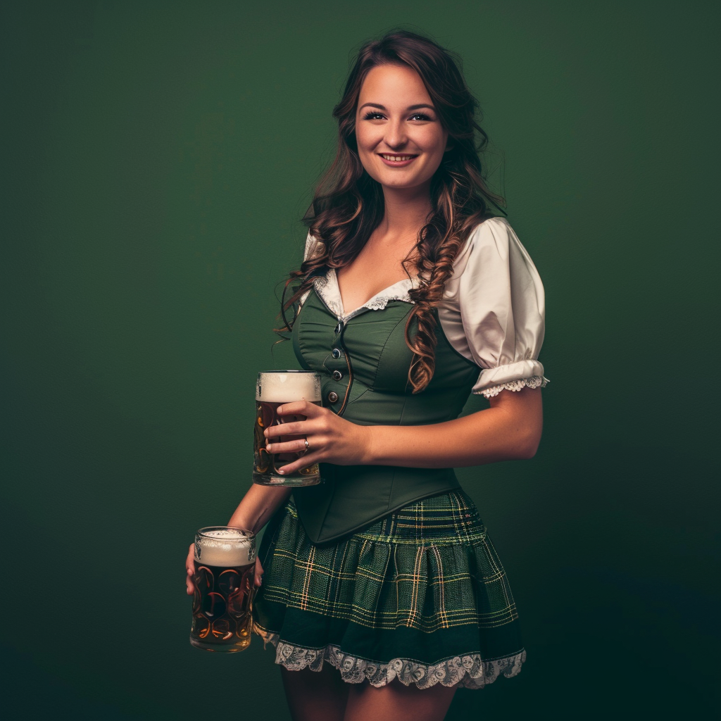 Attractive Oktoberfest Woman in Green Dirndl Holding Beer