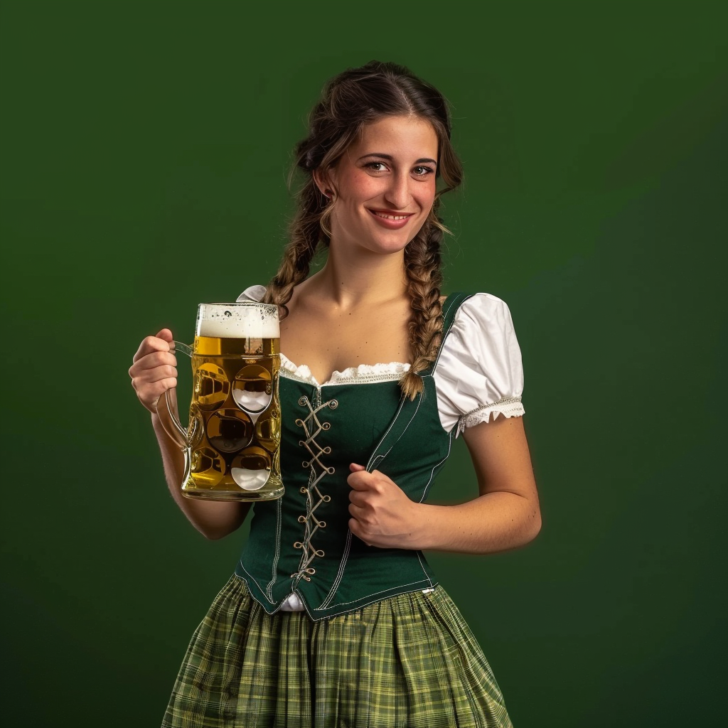 Attractive Oktoberfest beer maid in green dirndl with beer mug.