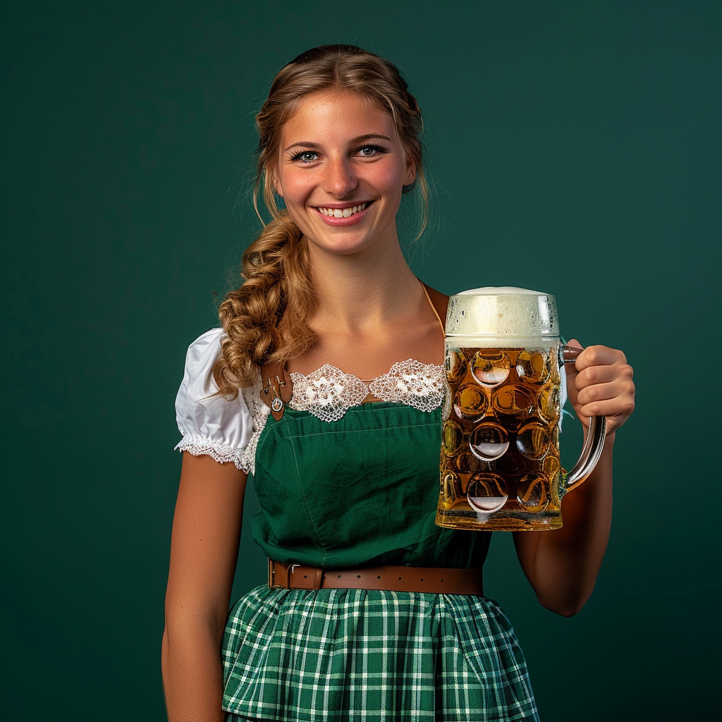 Attractive Oktoberfest woman in green dirndl holding beer mug