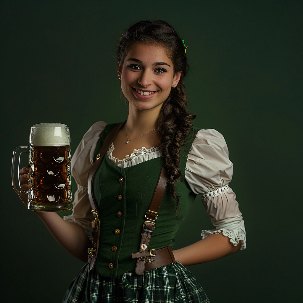 Attractive Woman in Green Dirndl Holding Beer Mug