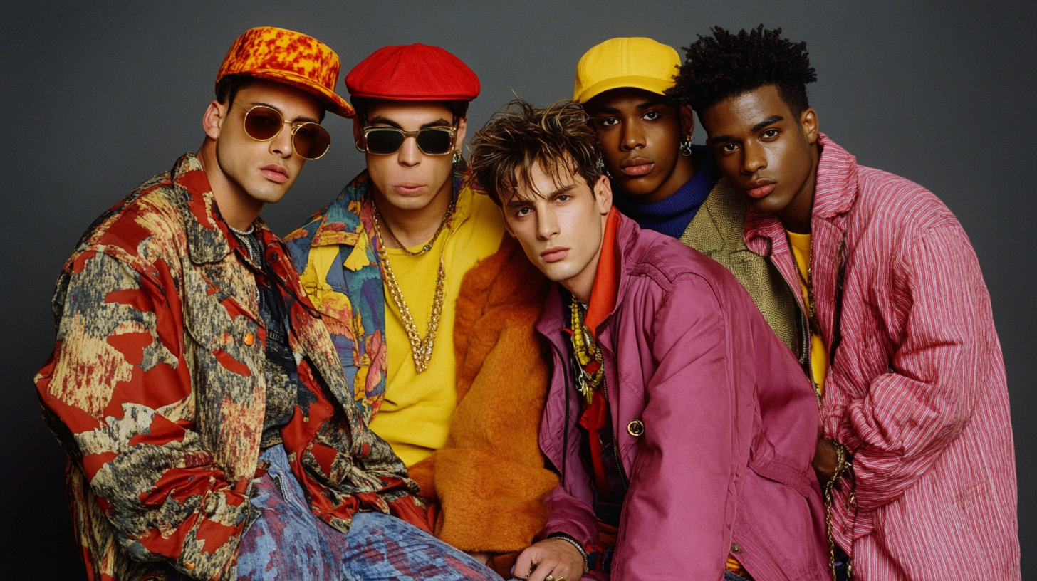 Attractive ethnically diverse men in 90s boyband style