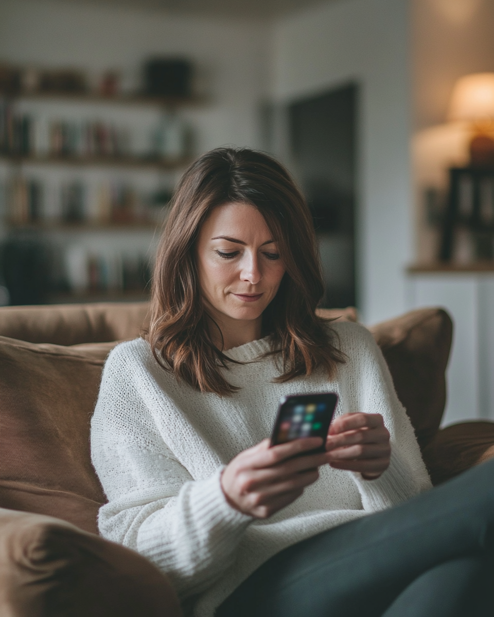 Attractive woman in 30s downloading app on iPhone.