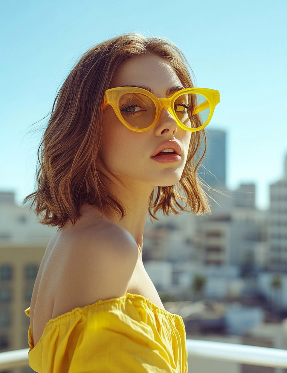 Attractive woman in yellow outfit on city balcony.