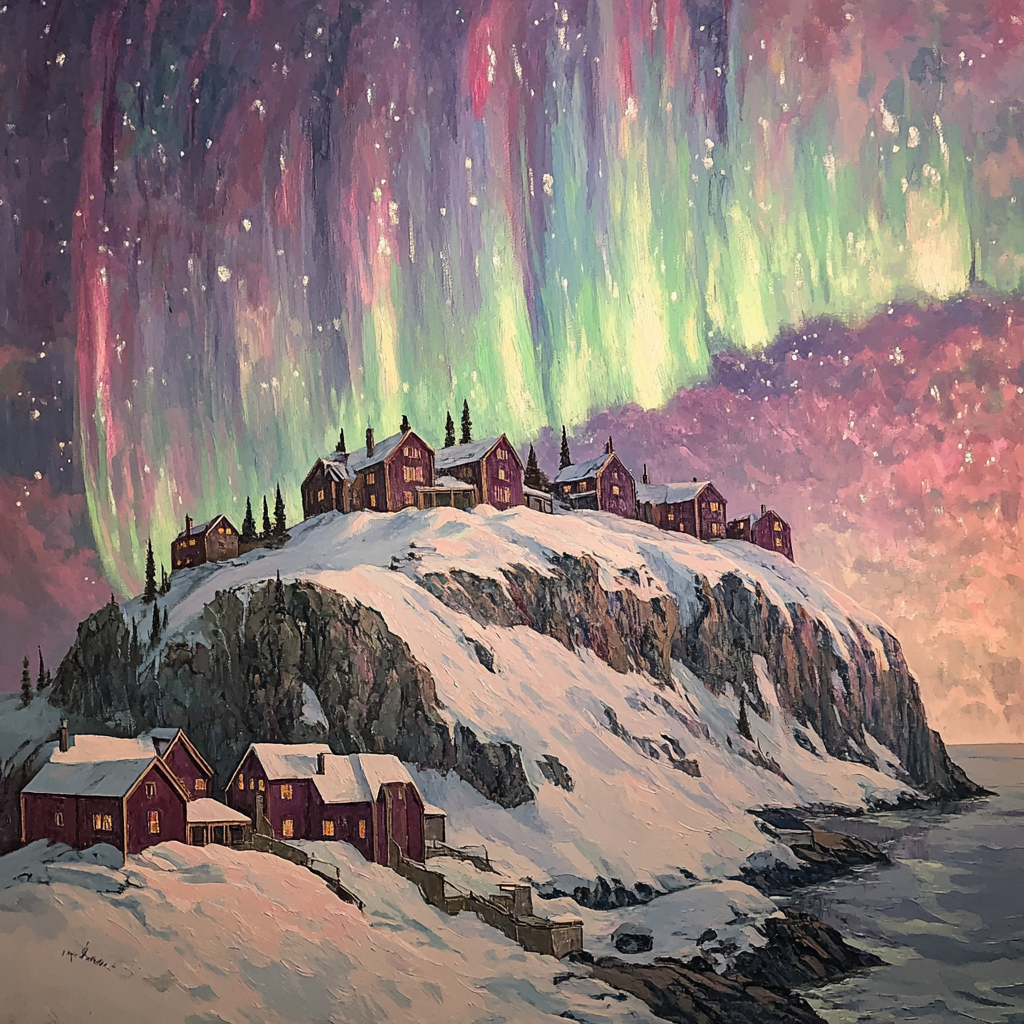 Aurora borealis descends on hilltop homes in surreal scene.