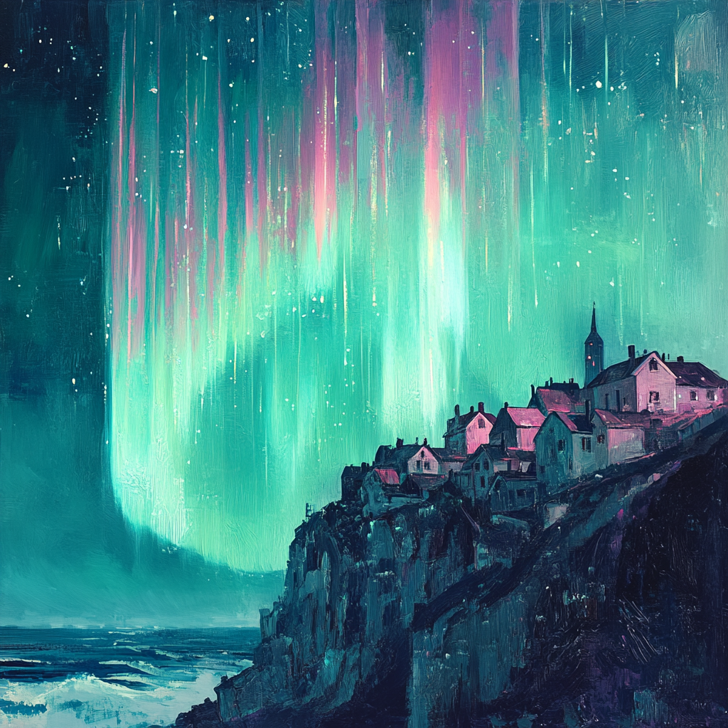 Aurora borealis over mountain houses, otherworldly aquamarine hues.