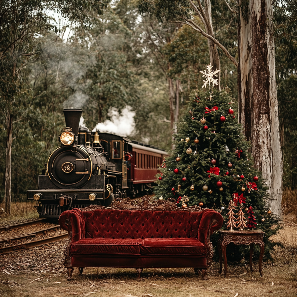 Australian bush Christmas scene with vintage steam train.