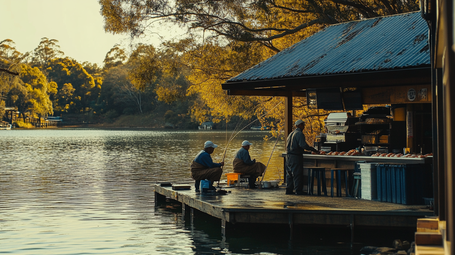 Australian bush river, fishermen, Japanese sushi master, fishing rods.