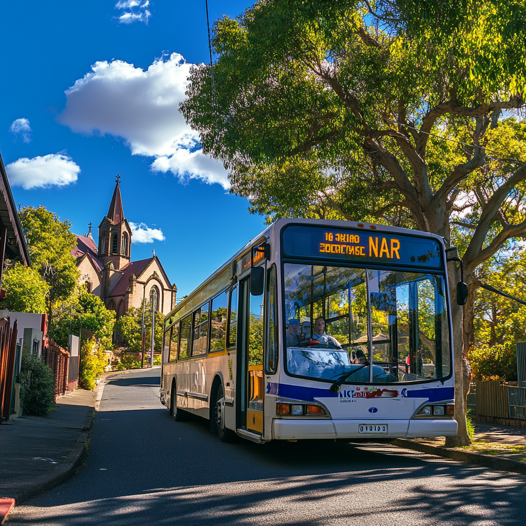 Australian city bus on sunny day with church