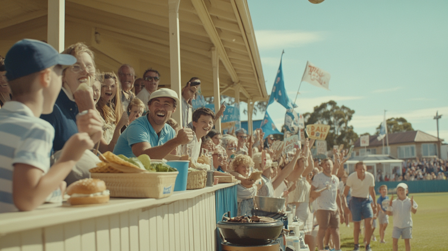 Australian cricket club pavilion BBQ, cheering fans, Harry Potter.