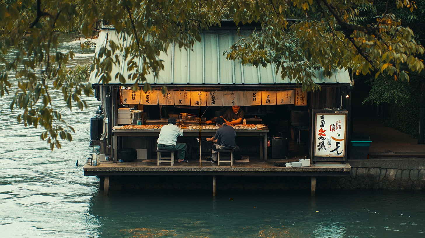 Australian fishermen fishing on river pier, Japanese sushi master.