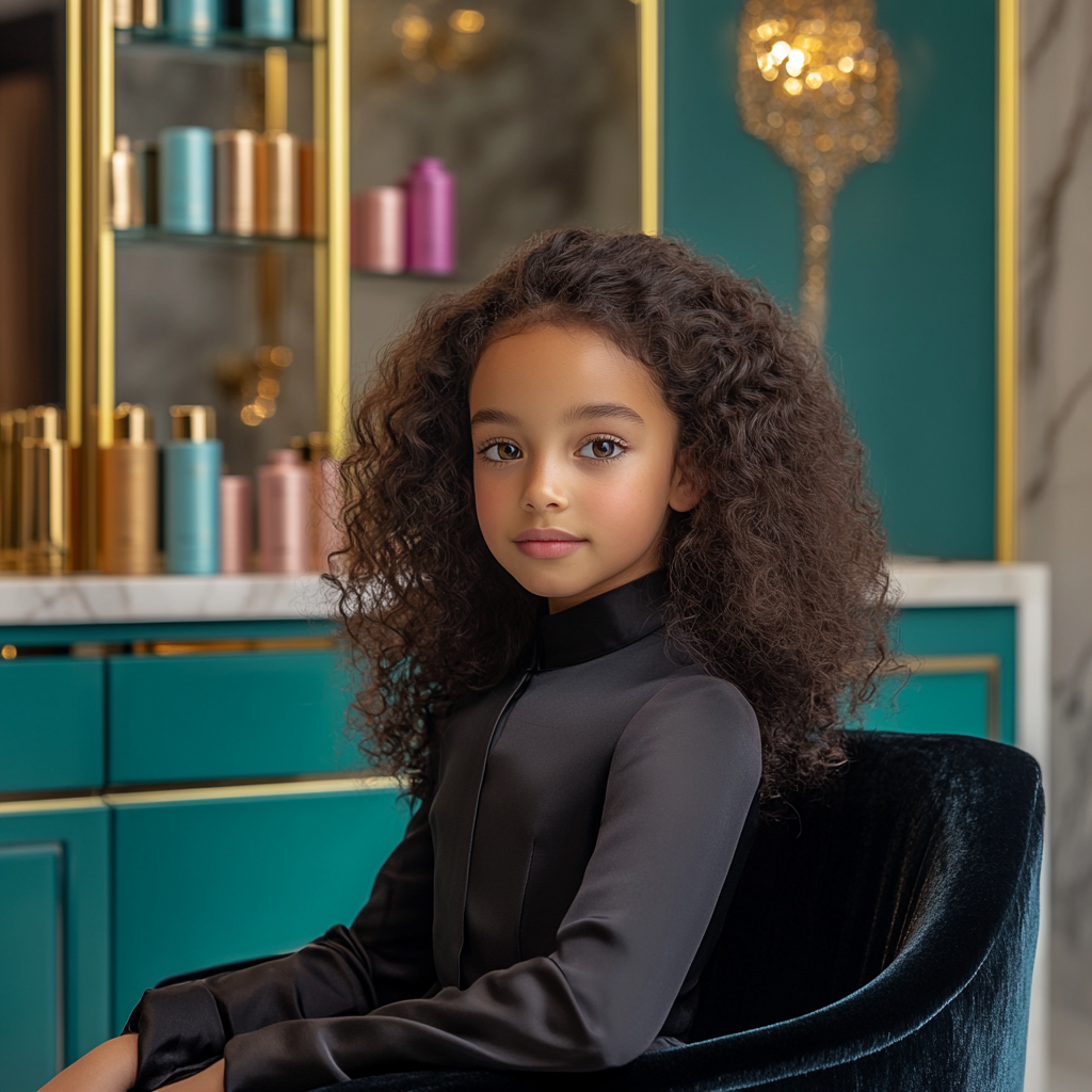 Australian girl in upscale salon with elegant decor.