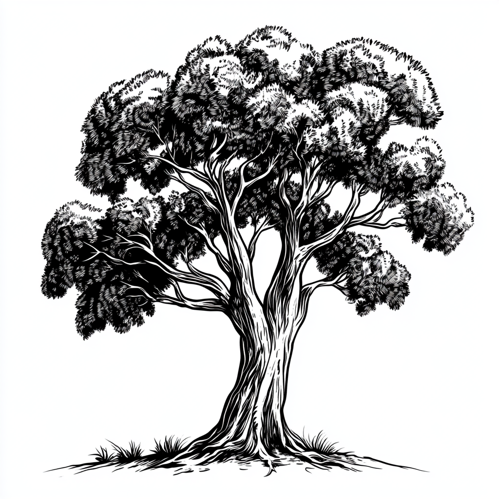 Australian gum tree with thick trunk, symmetrical, linocut style.