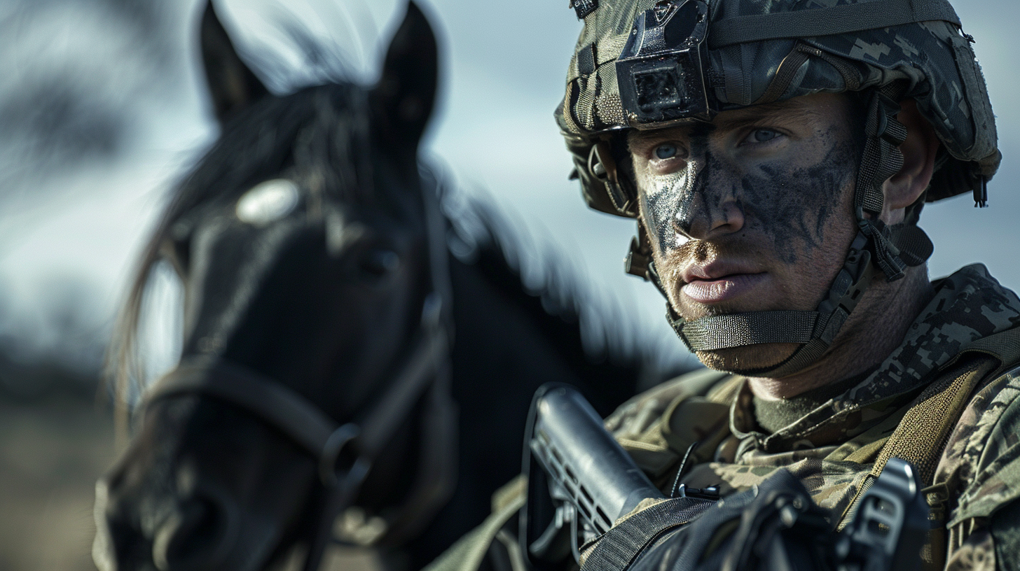 Australian soldier in Aus Cams with black pony mascot.