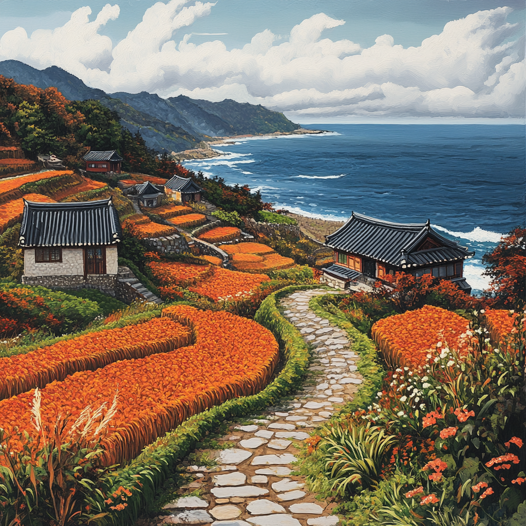 Autumn Island with Rice Fields and Coastal Path