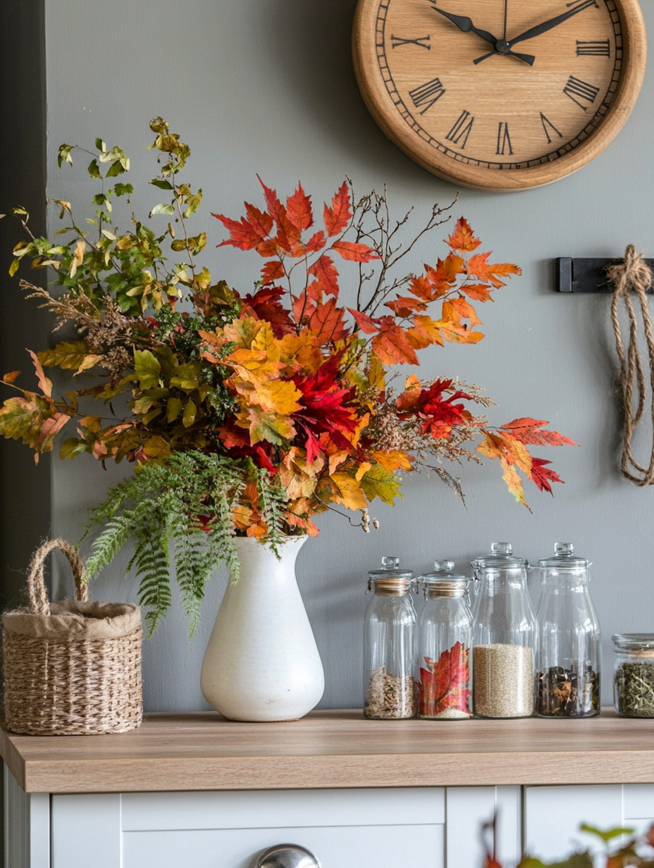 Autumn Kitchen Decor with Dried Flowers and Ferns