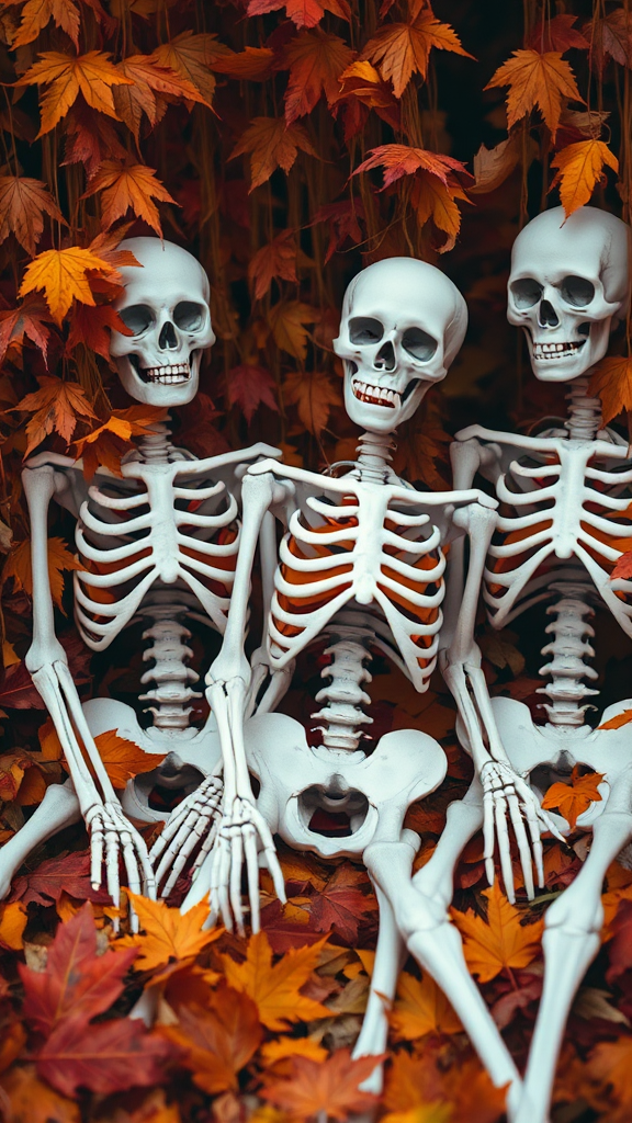 Autumn Skeletons Surrounded By Swirling Leaves