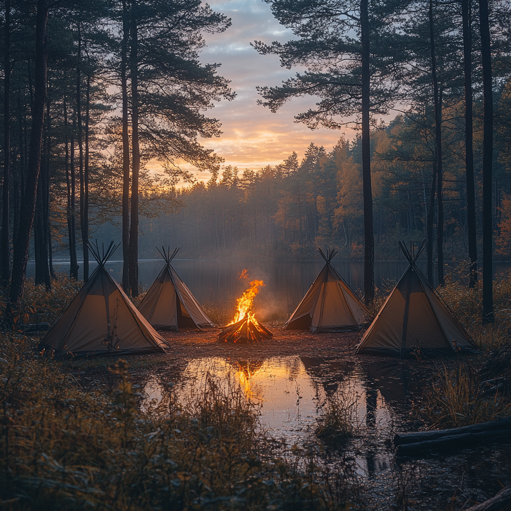 Autumn Sunrise Campsite with Bonfire in Forest