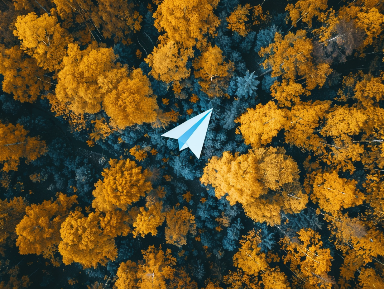 Autumn forest with Telegram paper airplane icon