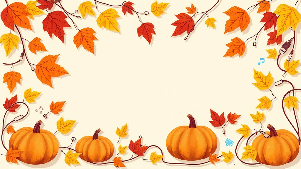 Autumn leaves, pumpkins, tech icons border blend.