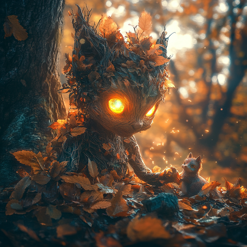 Autumn leaves forest spirit playing with woodland creatures, glowing.