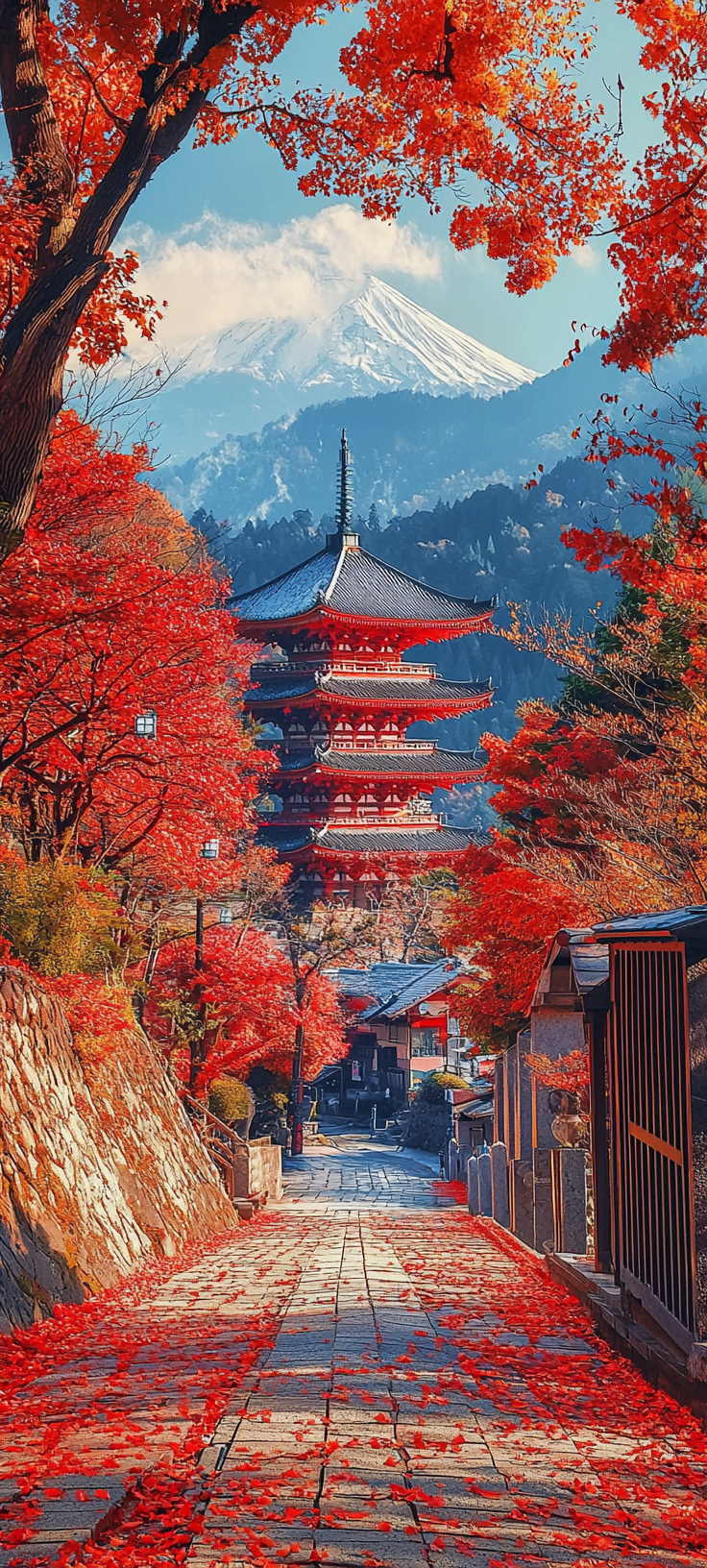 Autumn leaves in Japan, Temple in Mountains