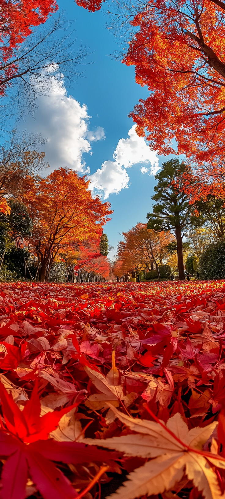 Autumn leaves in Japan park, red trees, blue sky