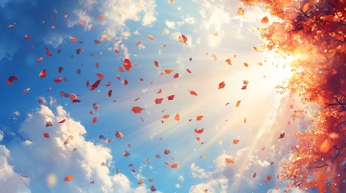 Autumn leaves swirling in blue sky with fluffy clouds.