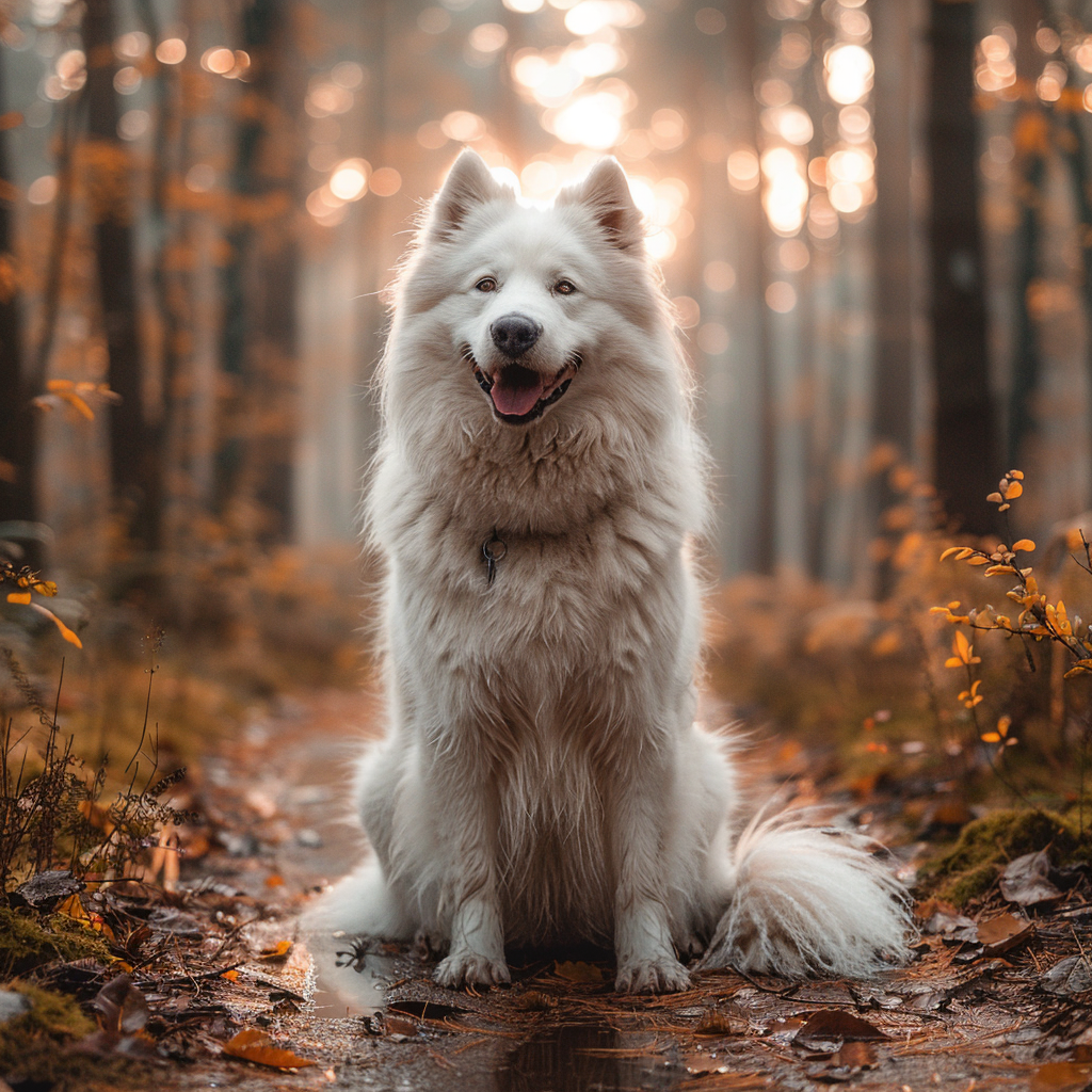 Autumn photo captures happy dog in forest setting.