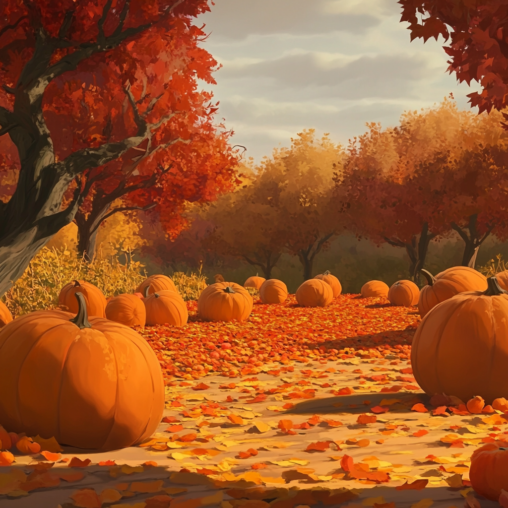 Autumn pumpkin patch scene with fallen leaves and trees.