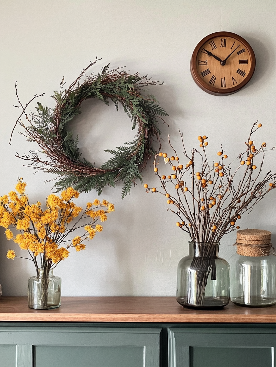 Autumn wreath, flowers, clock, jars decorate kitchen walls