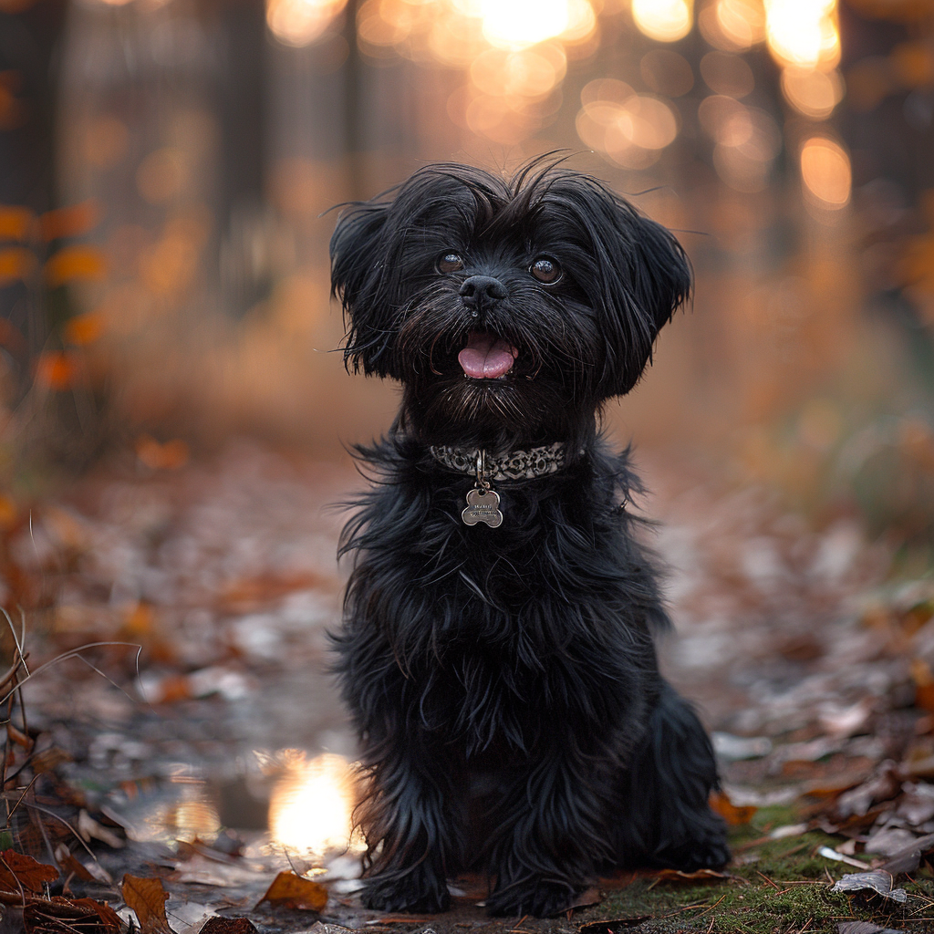 Autumnal photo of happy dog in serene forest.