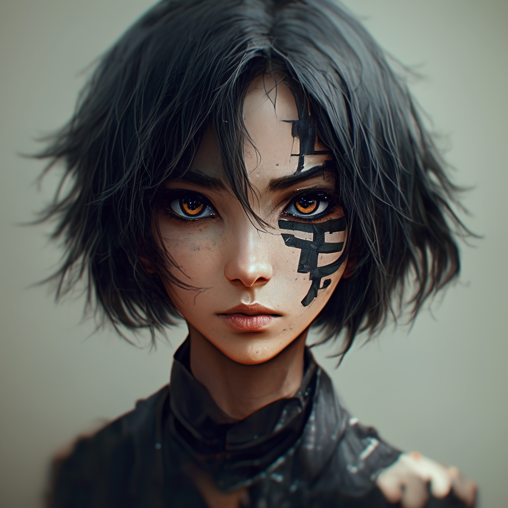 Avatar character with half burned face, gothic cyberpunk girl.