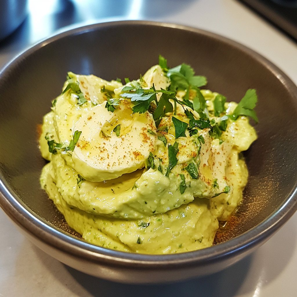 Avocado cream with herbs and spices in bowl