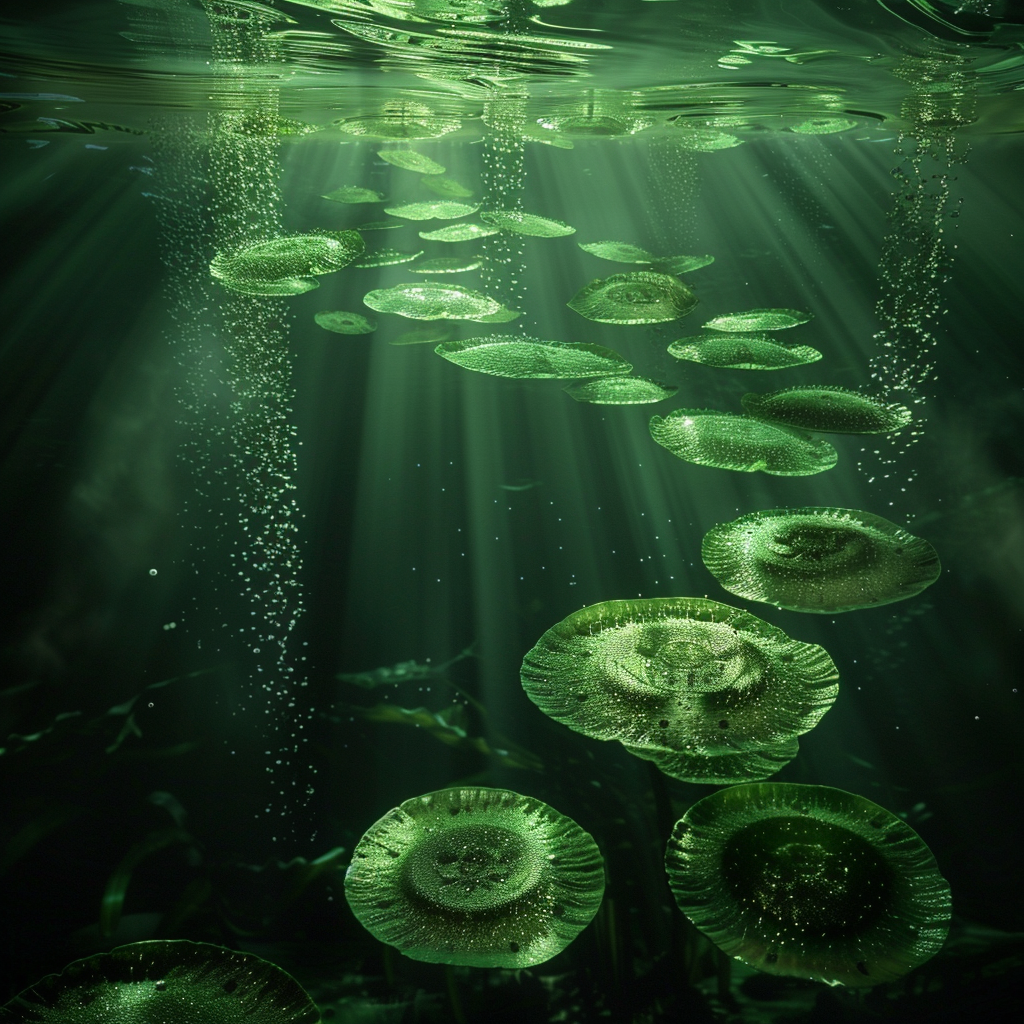 Award-winning photo of large cyanobacteria cells under water.