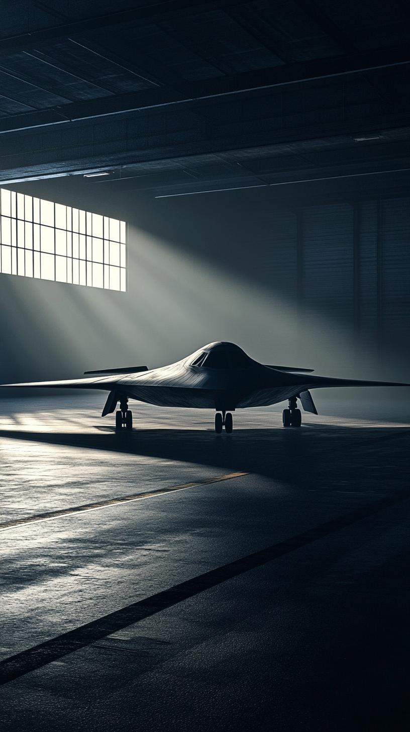 B-21 Raider emerges from hangar, sleek, futuristic design.