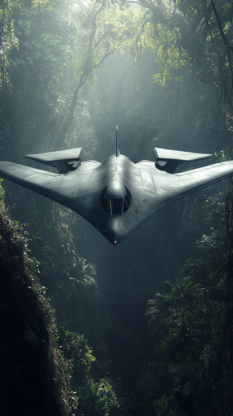 B-21 Raider flies low over jungle, penetrates defenses.