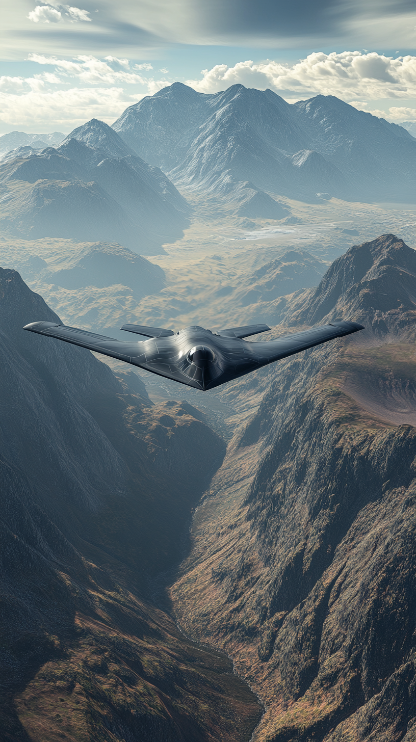 B-21 Raider flying over mountain range, global reach.