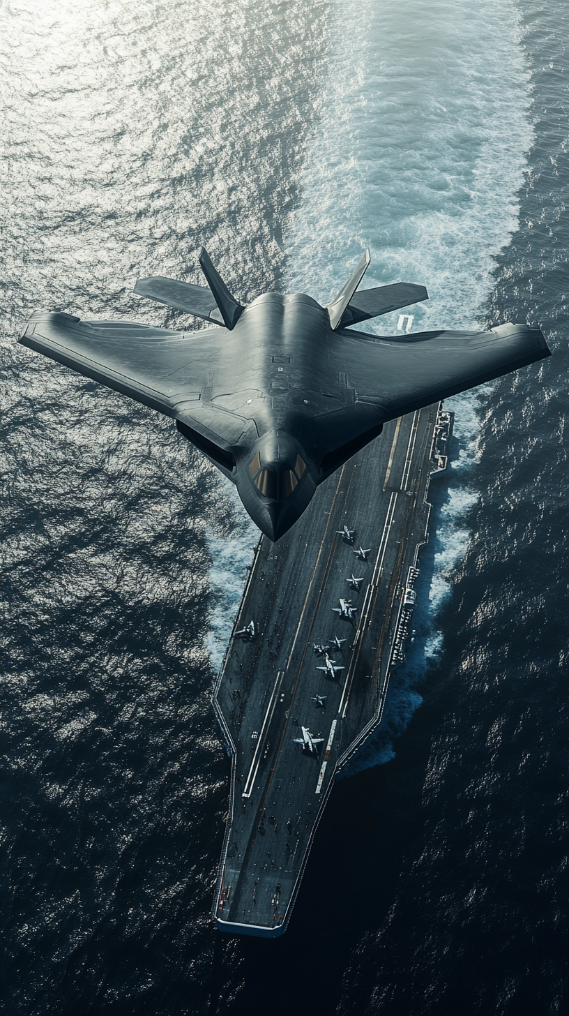 B-21 Raider flying over ocean, global operation ability.