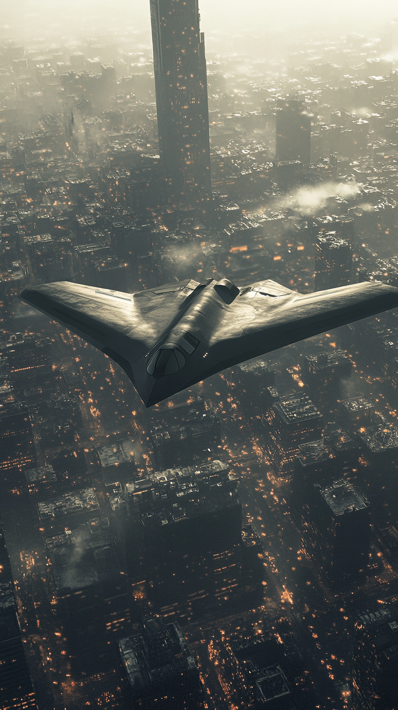 B-21 Raider flying undetected over enemy city.