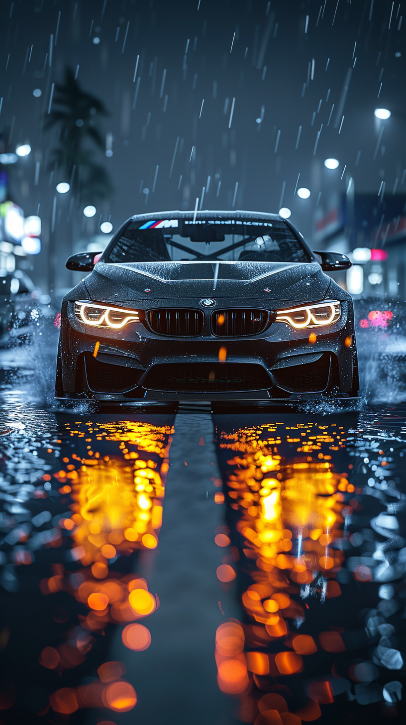 BMW M4 Driving on Rainy Night Road