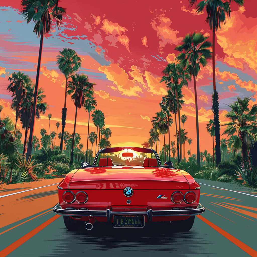 BMW convertible driving on road with palm trees and sun.