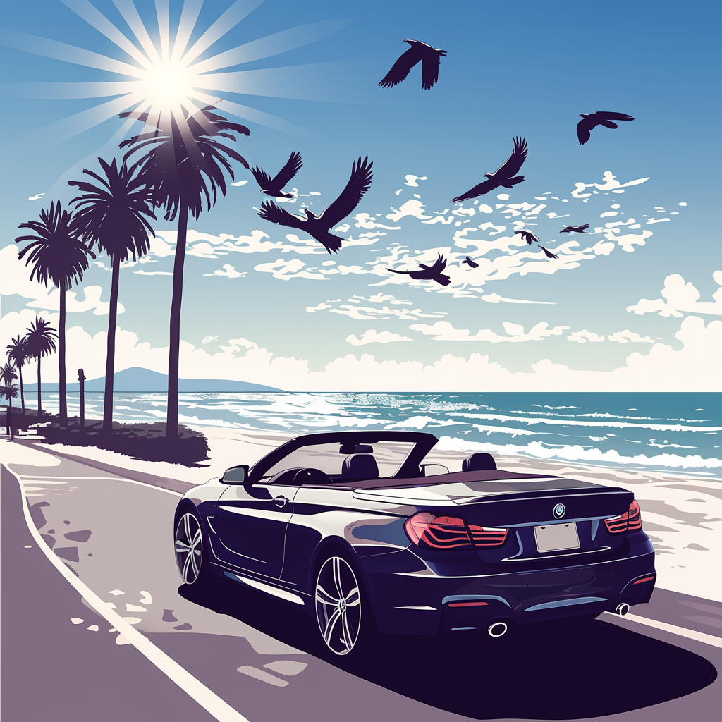 BMW convertible driving towards sun, palm trees on road.