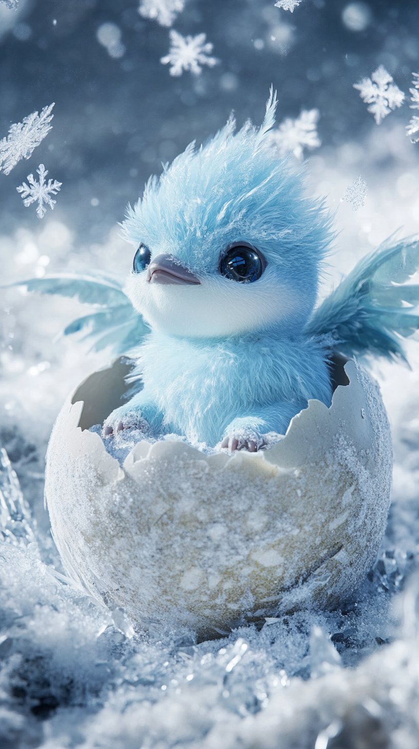 Baby Articuno hatching from frosty egg on icy landscape.