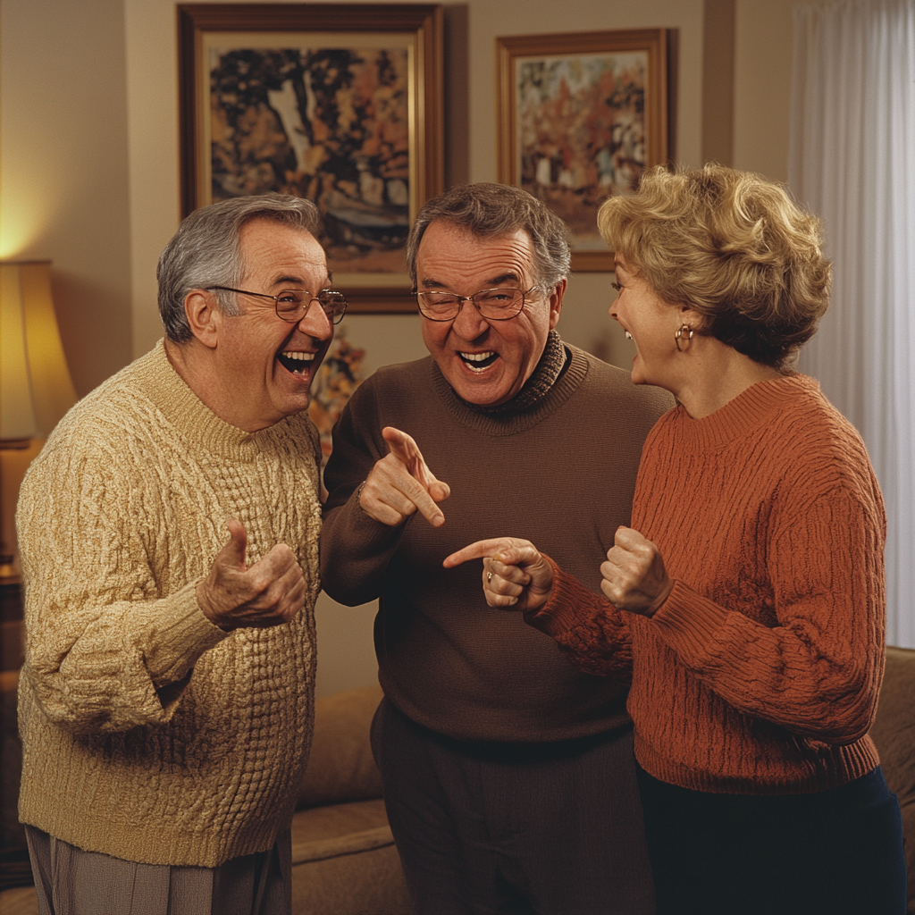 Baby Boomer couple laughing at Millennial in corner.