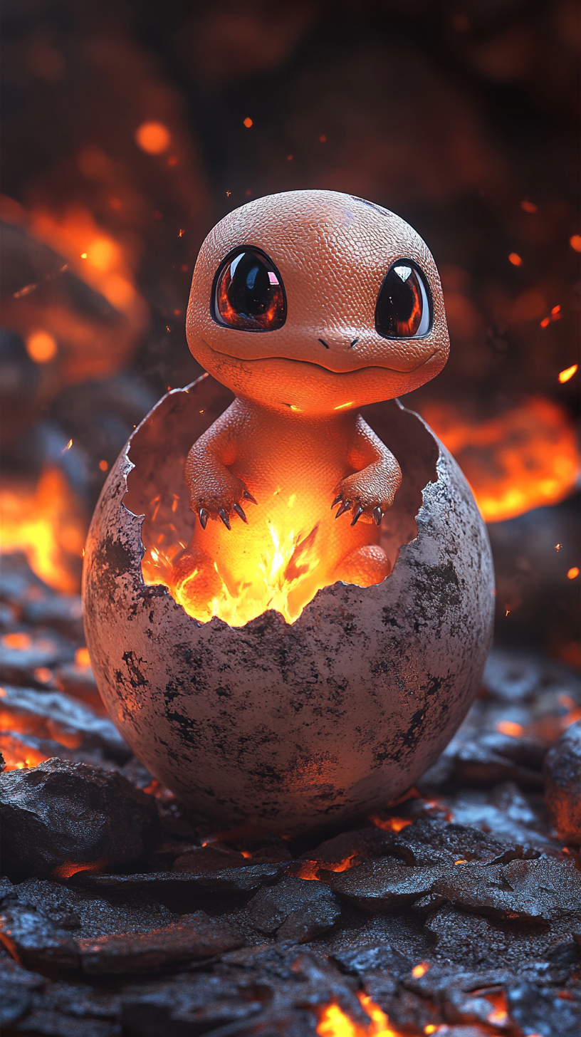 Baby Charmander hatches from egg in cozy cave.