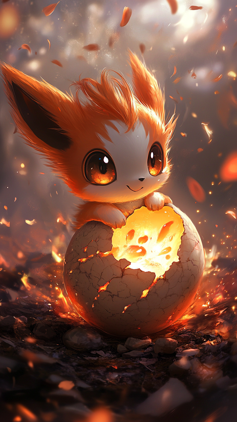 Baby Chimchar hatches from egg with fiery, cute flames.