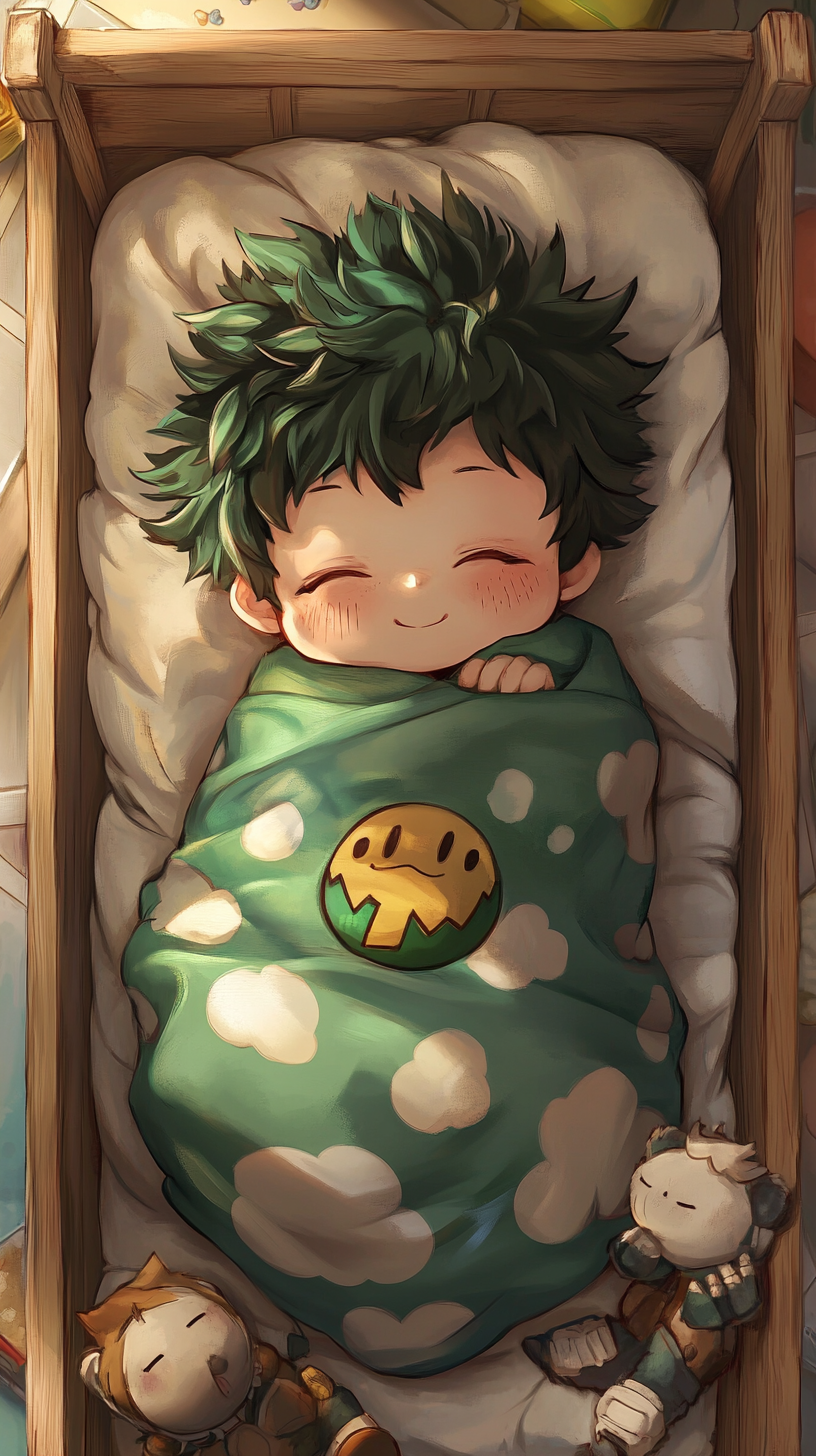 Baby Deku sleeping peacefully in crib surrounded by hero gear.