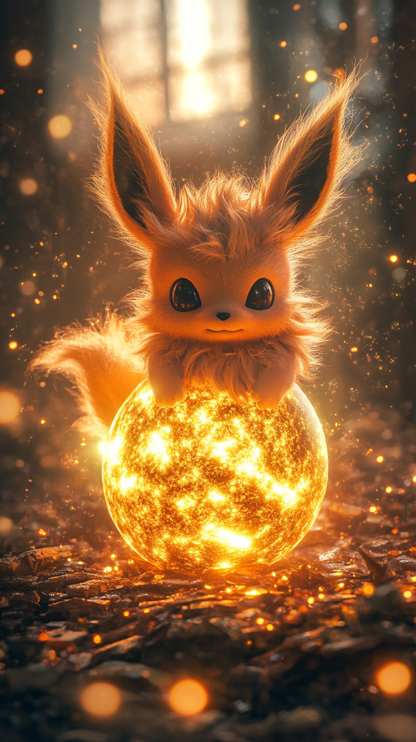 Baby Eevee hatching from fiery egg in magical setting.