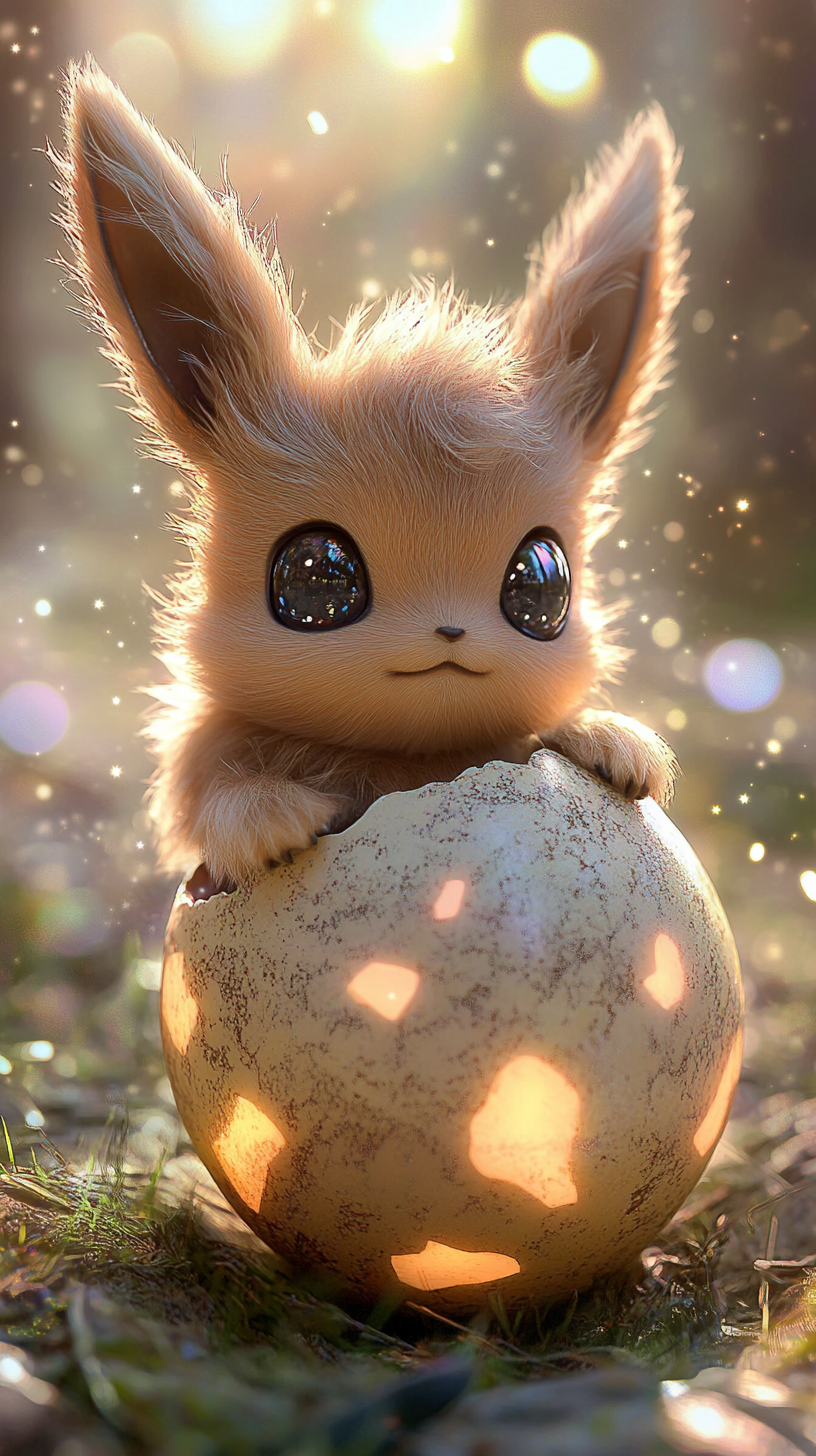 Baby Eevee hatching from glowing egg, dreamy background.