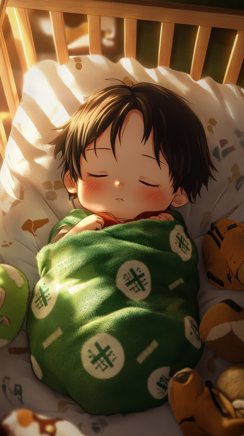 Baby Eren sleeping in cute crib with plush toys.